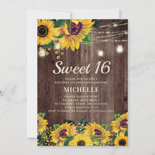 Invitación Luz de Cuerda de Girasol Rústico Cumpleaños 16 (Anverso)