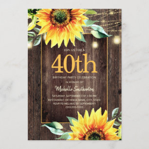 Invitación Luz de Cuerda de Girasol Rústico Cumpleaños 40