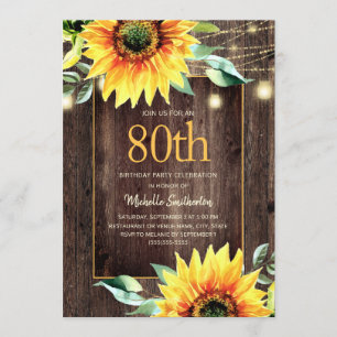Invitación Luz de Cuerda de Girasol Rústico Cumpleaños 80