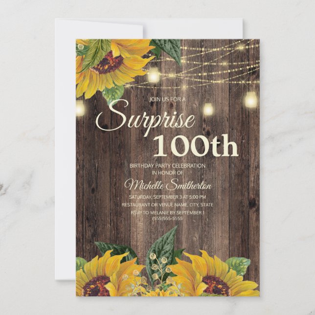 Invitación Luz de Cuerda de Girasol Rústico Sorpresa 100 (Anverso)