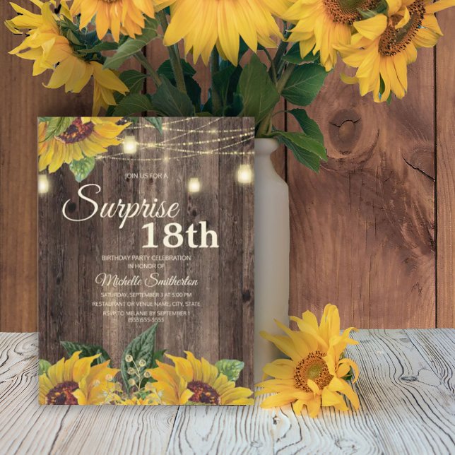 Invitación Luz de Cuerda de Girasol Rústico Sorpresa 18 (Subido por el creador)