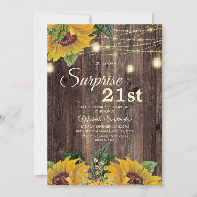 Invitación Luz de Cuerda de Girasol Rústico Sorpresa 21 (Anverso)