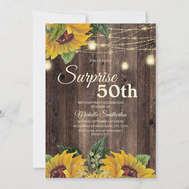 Invitación Luz de Cuerda de Girasol Rústico Sorpresa 50 (Anverso)