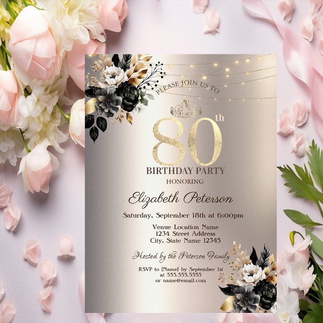Invitación Luz de Cuerda de Rosas Negras Marfil Cumpleaños 80 (Subido por el creador)