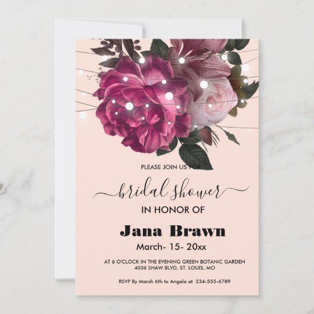 Invitación luz de cuerda Flor de Borgoña Ducha de novia (Anverso)