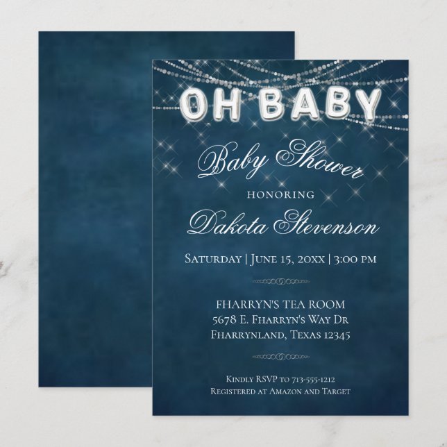 Invitación Luz de la cuerda del bebé | Globo de Bebé Azul de  (Anverso / Reverso)