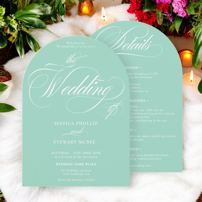 Invitación Luz de moda verde azulada todo en un boda de calig (Chic light teal all in one calligraphy wedding invitation)