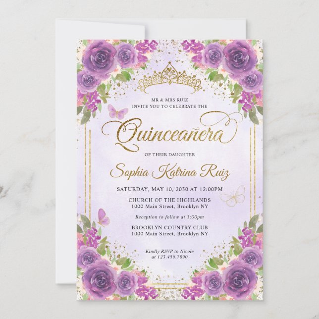 Invitación Luz floral Morado Oro Purpurina Crown Quinceañera (Anverso)