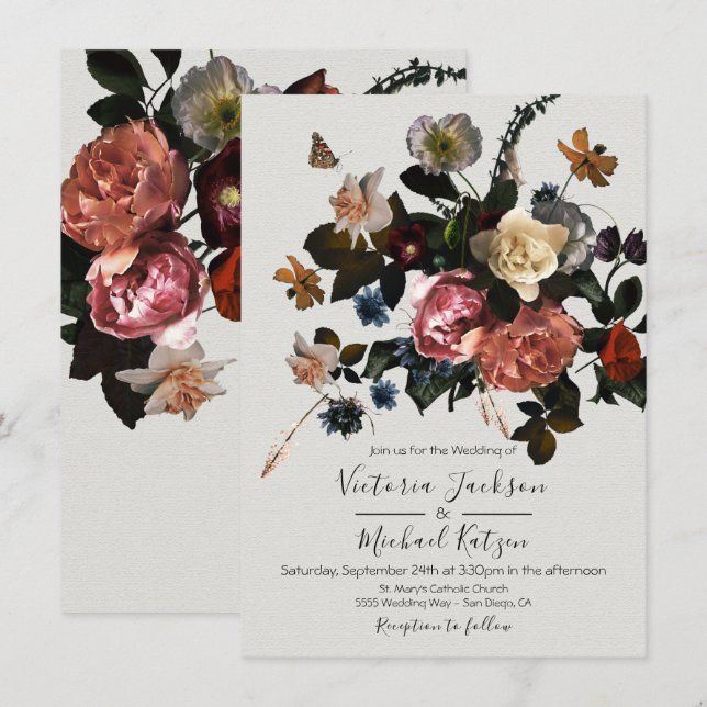 Invitación Luz floral neoclásica y Boda aéreo (Anverso / Reverso)