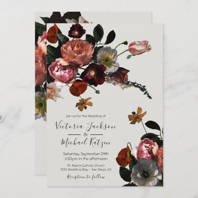 Invitación Luz floral neoclásica y Boda de ventilación (Anverso / Reverso)