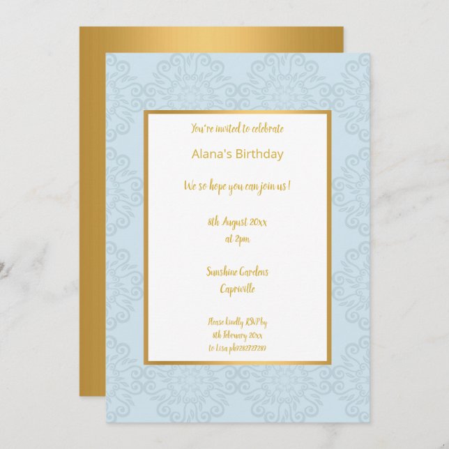 INVITACIÓN LUZ LUMINOSA ORO AZUL ABSTRACTO CUMPLEAÑOS (Anverso / Reverso)