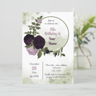 Invitación luz profunda flores púrpura verde cumpleaños