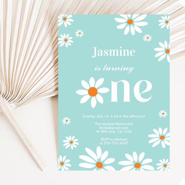 Invitación Luz Retro Groovy Daisy Florals 1er cumpleaños (Light Teal Retro Groovy Daisy Florals 1st Birthday Invitation)