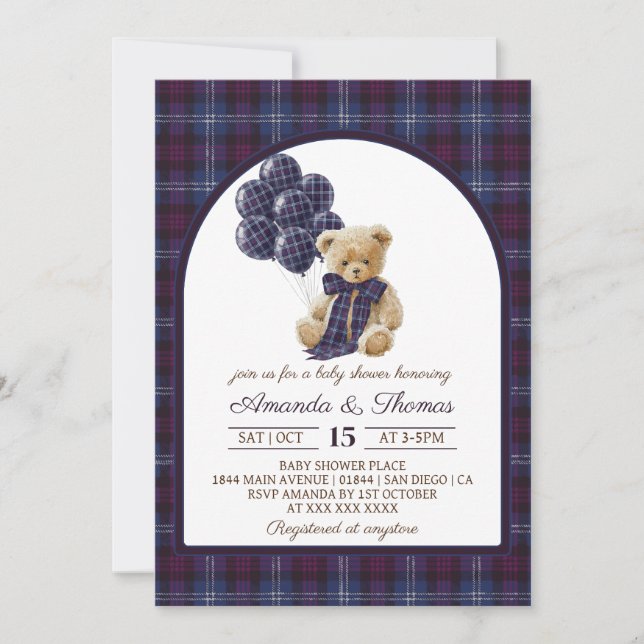 Invitación Lxury Bear Balloons Plaid Baby Shower (Anverso)