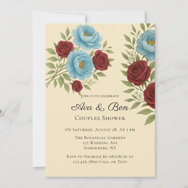 Invitación Lyon Blue Peony y Roses Rojas (Anverso)