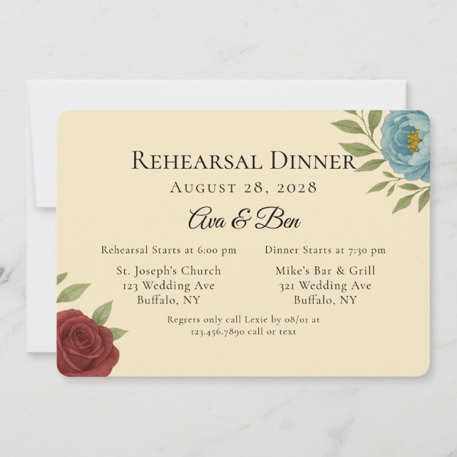 Invitación Lyons Blue & Dark Red Peony Ensayo Cena (Anverso)