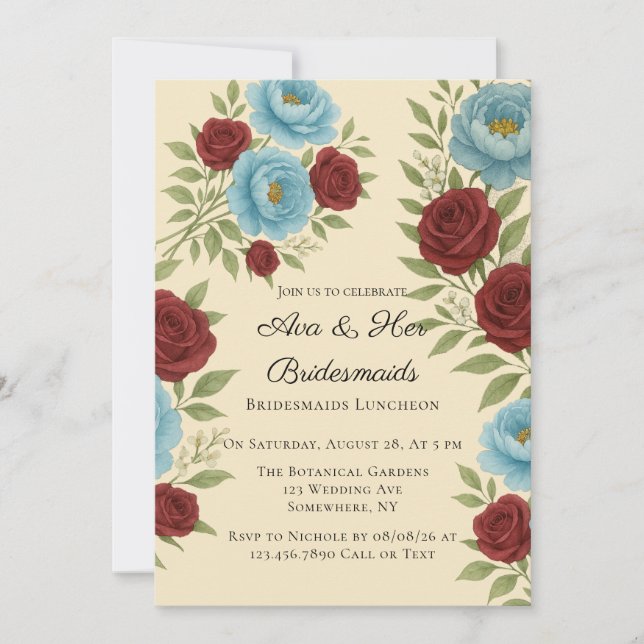 Invitación Lyons Blue Peony & Red Roses Bridesmaids Luncheon (Anverso)