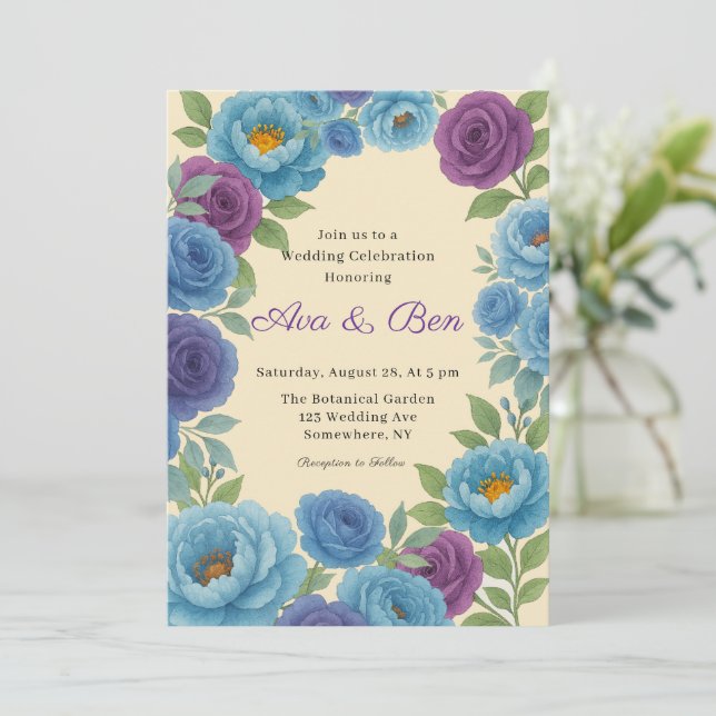 Invitación Lyons Blue Peony y Fig Purple Rosa Boda (Anverso de pie)