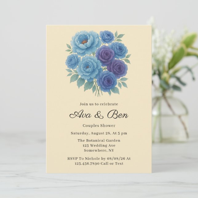 Invitación Lyons Blue Peony y Fig Purple Rosa Couples Shower (Anverso de pie)