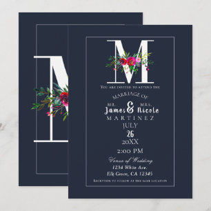 Invitación M Monograma Inicial Final Moderno Azul Floral Boda