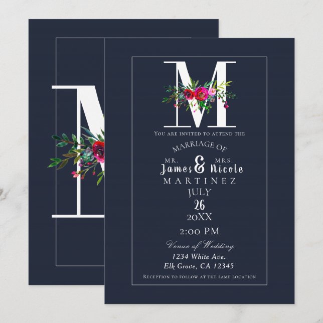 Invitación M Monograma Último Boda floral azul moderno inicia (Anverso / Reverso)