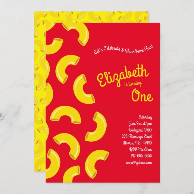 Invitación Mac y Cheese Kid Primer Fiesta de cumpleaños Macar (Anverso / Reverso)