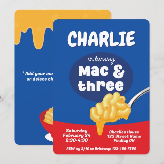 Invitación Mac y Tres Macaroni y Fiesta de tercer cumpleaños  (Anverso / Reverso)