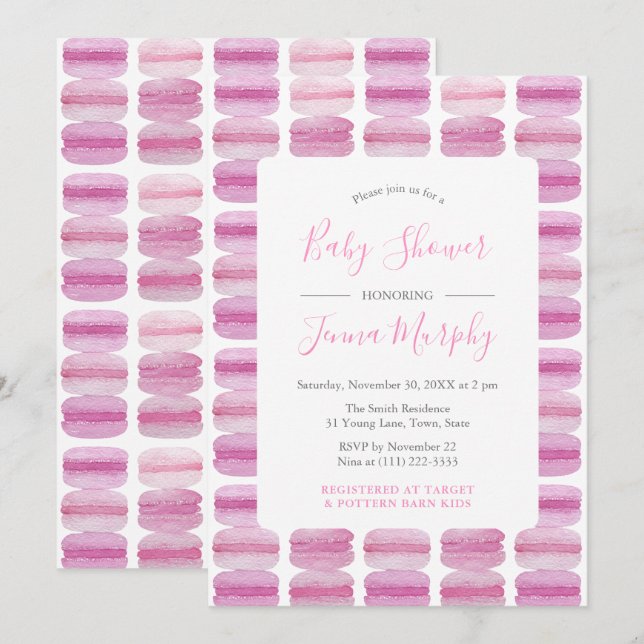 Invitación Macaron Baby Shower color de agua rosa bonito (Anverso / Reverso)