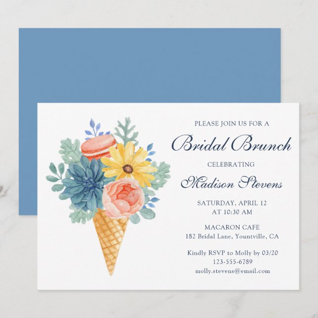 Invitación Macarón de Suculenta Floral | Brunch Nupcial (Anverso / Reverso)