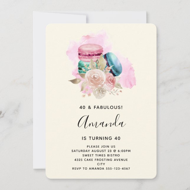 Invitación Macarones coloridos y flores acuarela cumpleaños (Anverso)