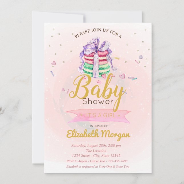 Invitación Macarones, estrellas es un Baby Shower Chica (Anverso)