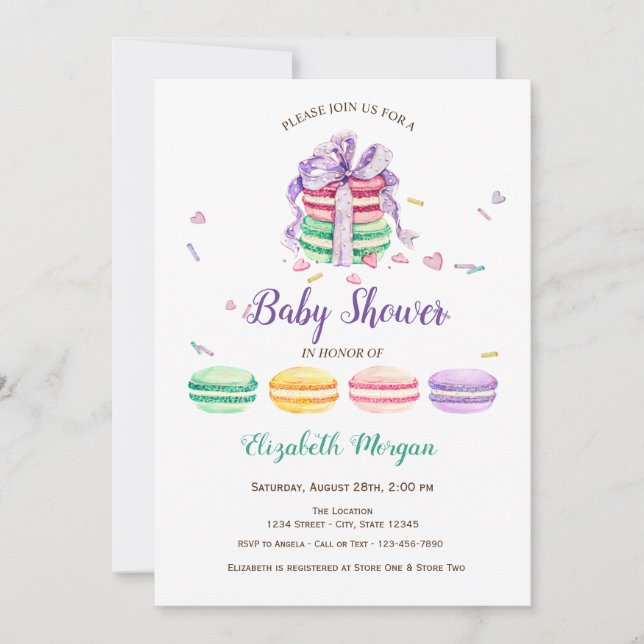 Invitación Macarones franceses, Baby Shower con puntos azules (Anverso)