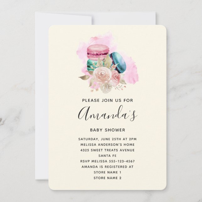 Invitación Macarones y flores acuarela Baby Shower (Anverso)