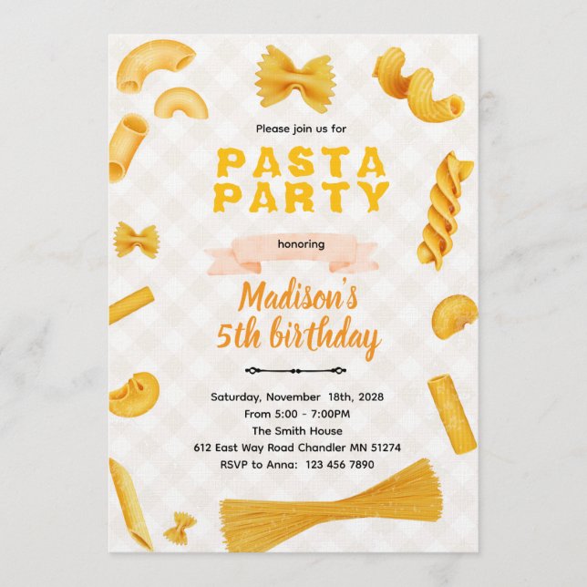 Invitación Macaroni Pasta Themed Birthday Invitation (Anverso)