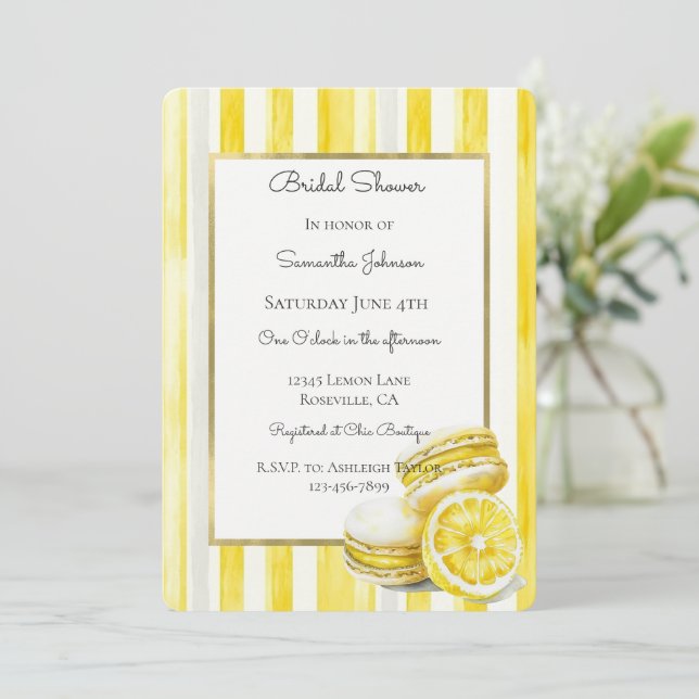 Invitación Macarons Amarillo Limón Rayas Despedida de Soltera (Anverso de pie)