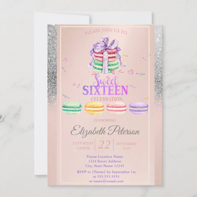 Invitación Macarons Brillo Plateado Bokeh Dulces 16 Fiesta (Anverso)