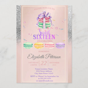 Invitación Macarons Brillo Plateado Bokeh Dulces 16 Fiesta