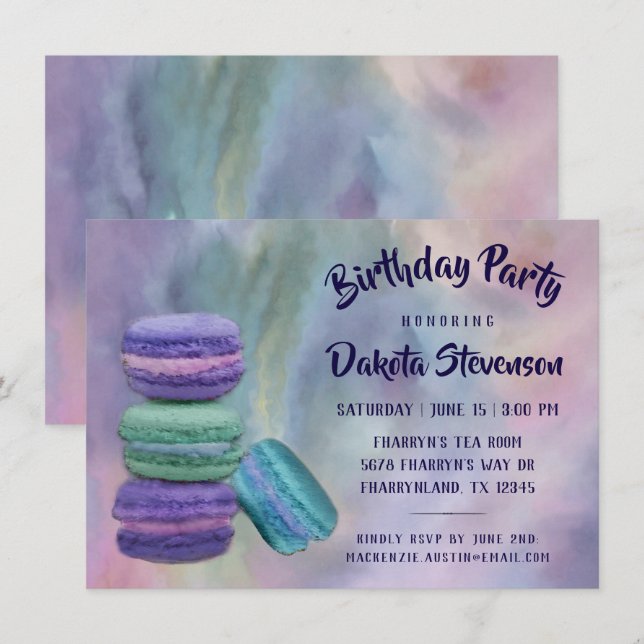 Invitación Macarons caprichosos | Cumpleaños de los dulces fr (Anverso / Reverso)