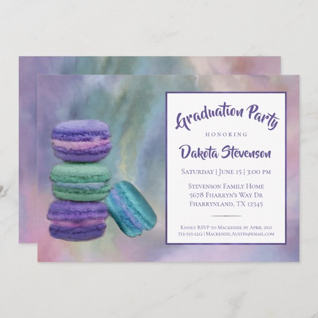 Invitación Macarons caprichosos | Graduación de dulces france (Anverso / Reverso)