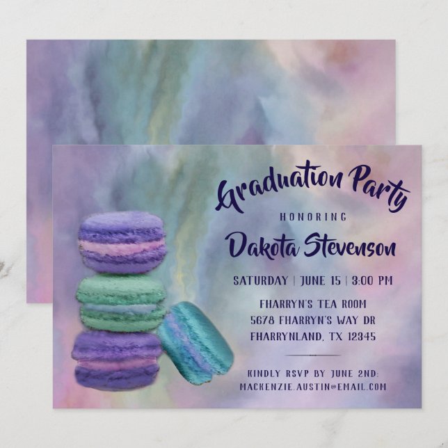 Invitación Macarons caprichosos | Graduación de dulces france (Anverso / Reverso)
