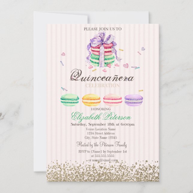 Invitación Macarons Falso Diamantes de Oro Rayas Quinceañera (Anverso)