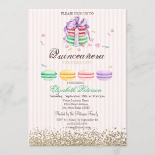Invitación Macarons Falso Diamantes de Oro Rayas Quinceañera