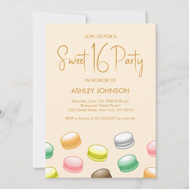 Invitación Macarons Fiesta de Dulces 16 (Anverso)