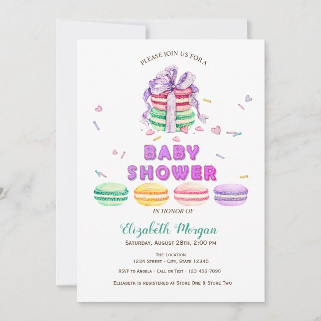 Invitación Macarons Franceses, Baby Shower de Rayas (Anverso)