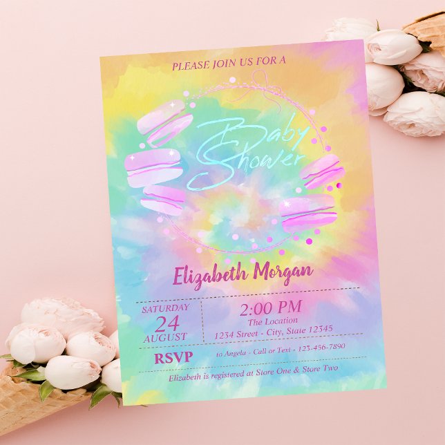 Invitación Macarons Franceses Baby Shower Efecto Tie Dye (Subido por el creador)