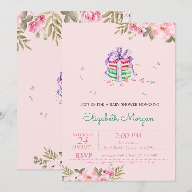 Invitación Macarons Franceses, Baby Shower Floral (Anverso / Reverso)