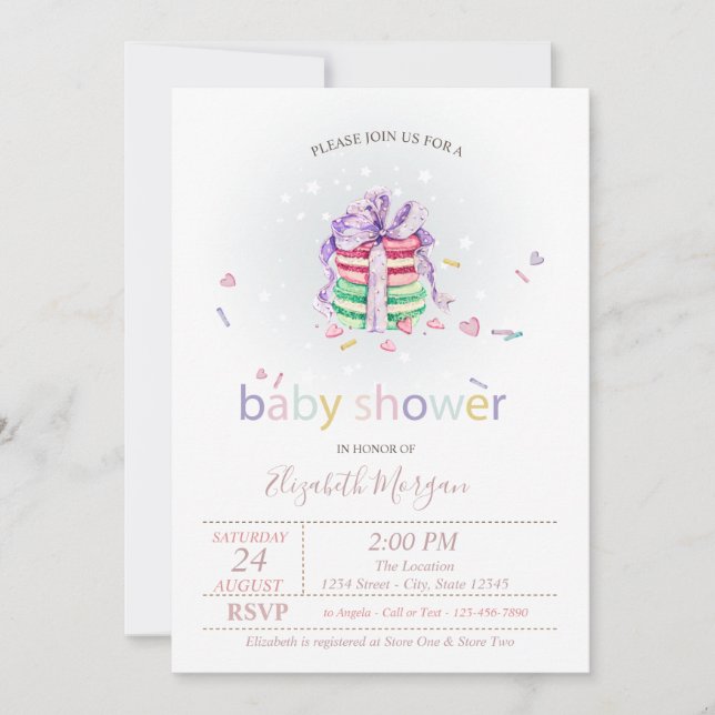 Invitación Macarons Franceses, Cumpleaños de Bebé con Lunares (Anverso)
