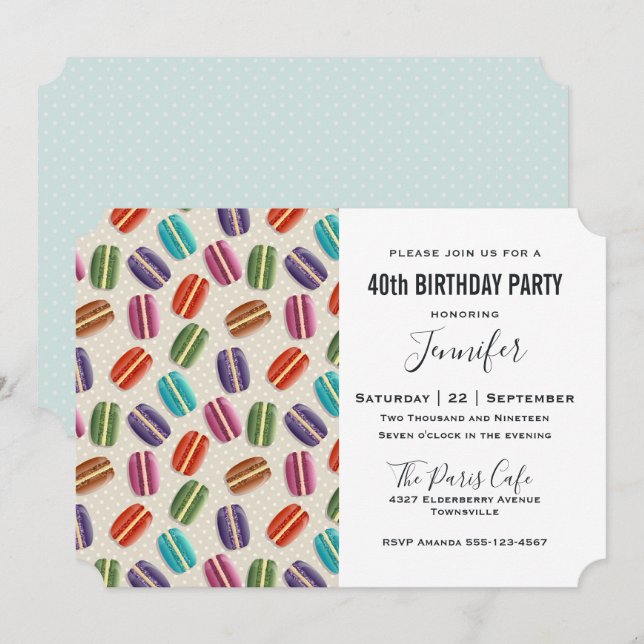 Invitación Macarons Parisinos Patrón Cumpleaños Colorido (Anverso / Reverso)