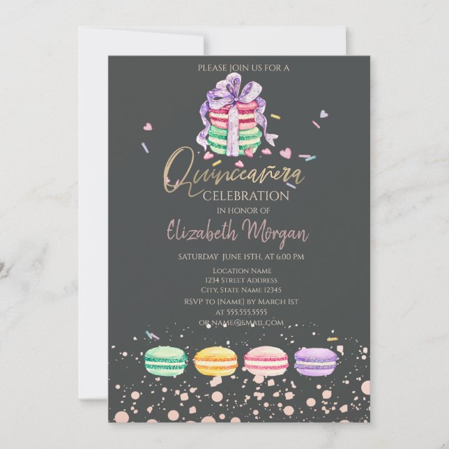 Invitación Macarons Puntos de Confeti Quinceañera (Anverso)