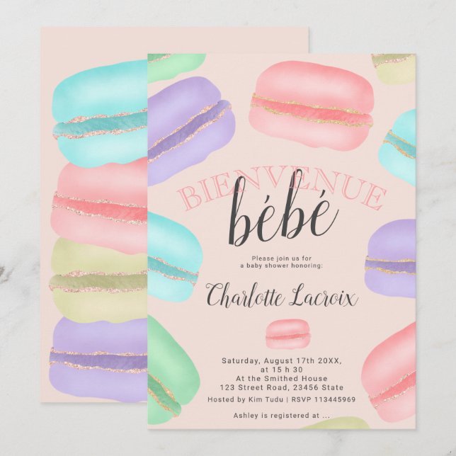 Invitación Macarons purpurina ducha bebé rosa (Anverso / Reverso)